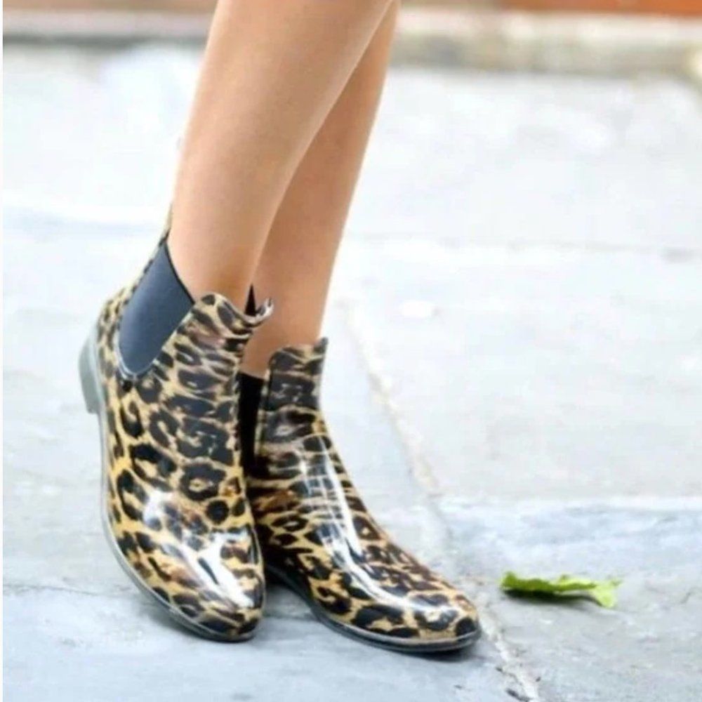 J. Crew Leopard Print Rain Chelsea Boots - Black Elastic